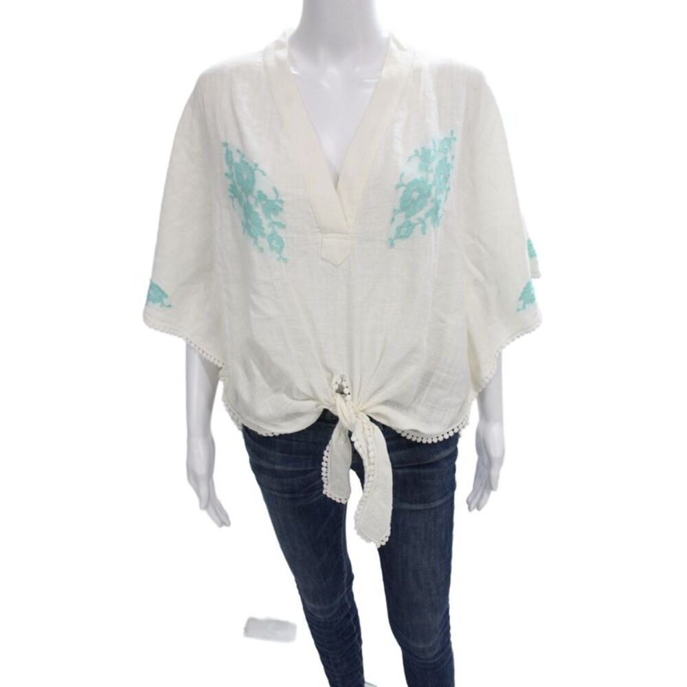 Vanita Rosa Women Bohemian Floral V-Neck Tunic Blouse White Linen Tie Size One